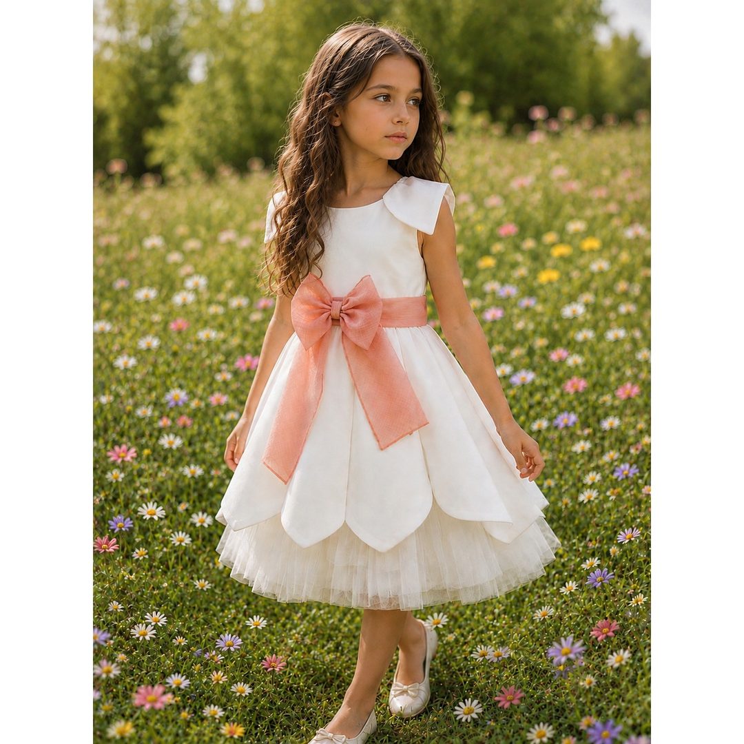 Bambina con un abito da cerimonia avorio, gonna a petali su tulle e un grande fiocco rosa alla vita, in un prato fiorito