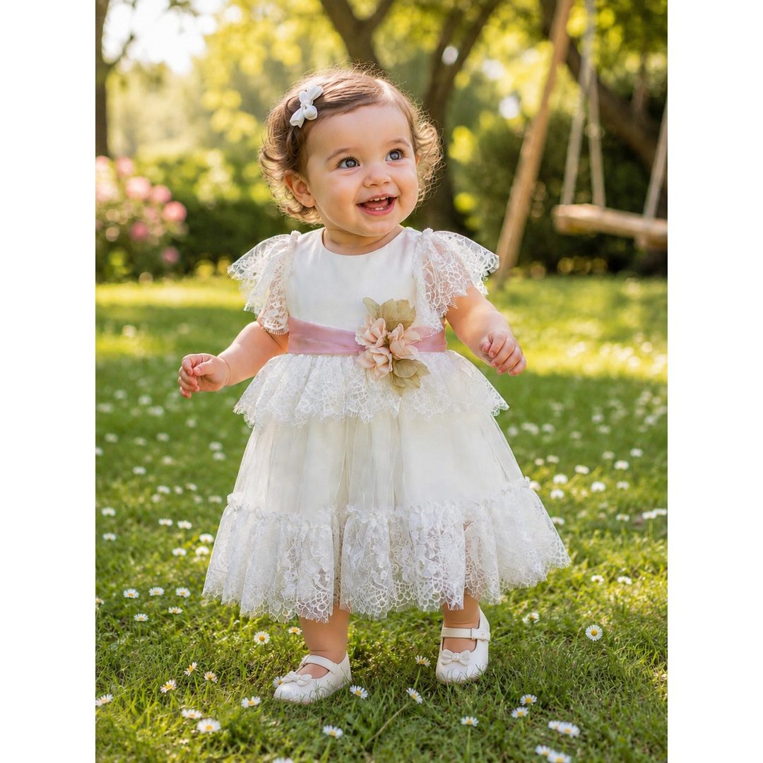 Bimba con un abito da cerimonia avorio in pizzo a balze, maniche in pizzo e una fascia rosa con un fiore alla vita