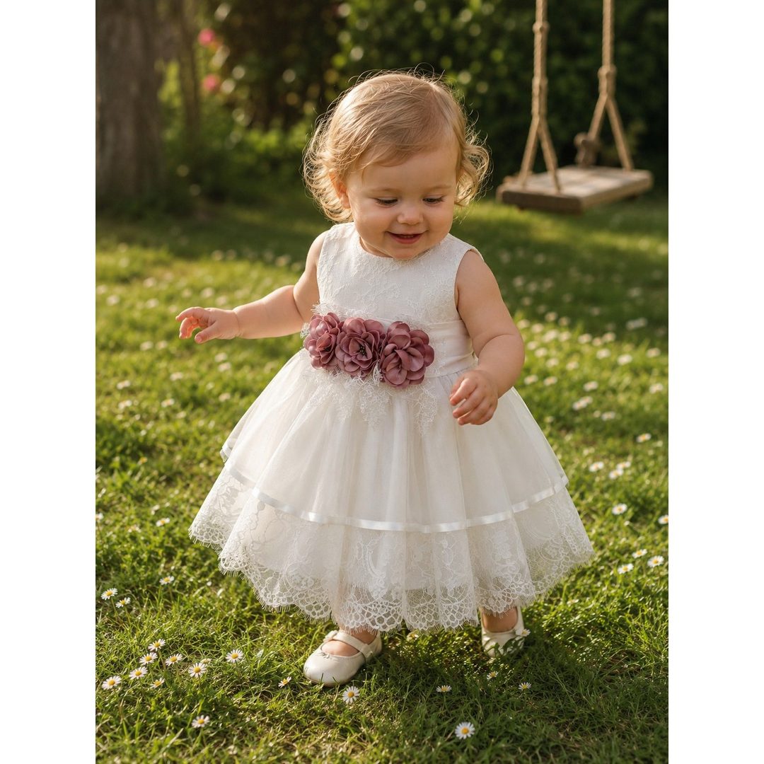 Bimba con un abito da cerimonia bianco in pizzo e tre fiori rosa antico alla vita, sul prato sotto un'altalena