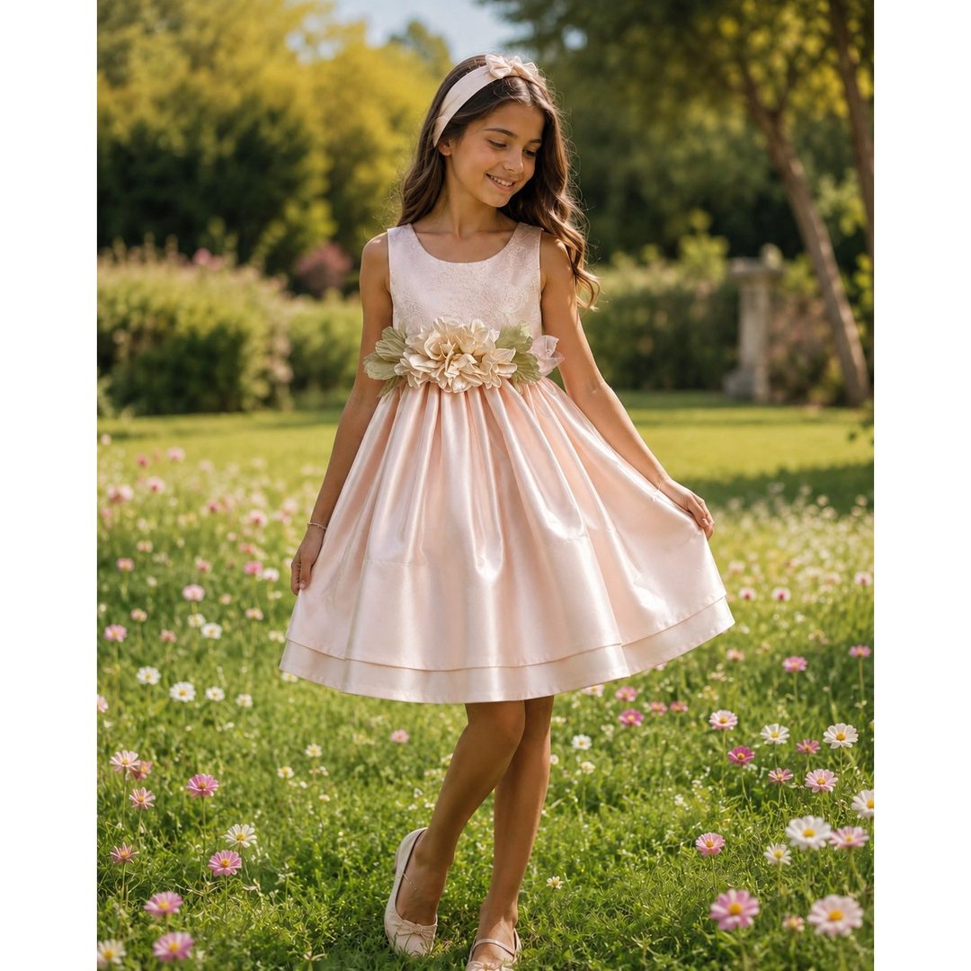 Bambina con un abito da cerimonia rosa cipria in raso e i fiori alla vita, in un giardino fiorito