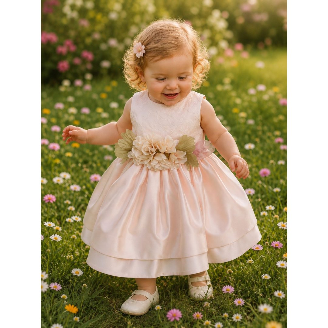 Bimba con un abito da cerimonia rosa in raso e i fiori alla vita, in un prato fiorito