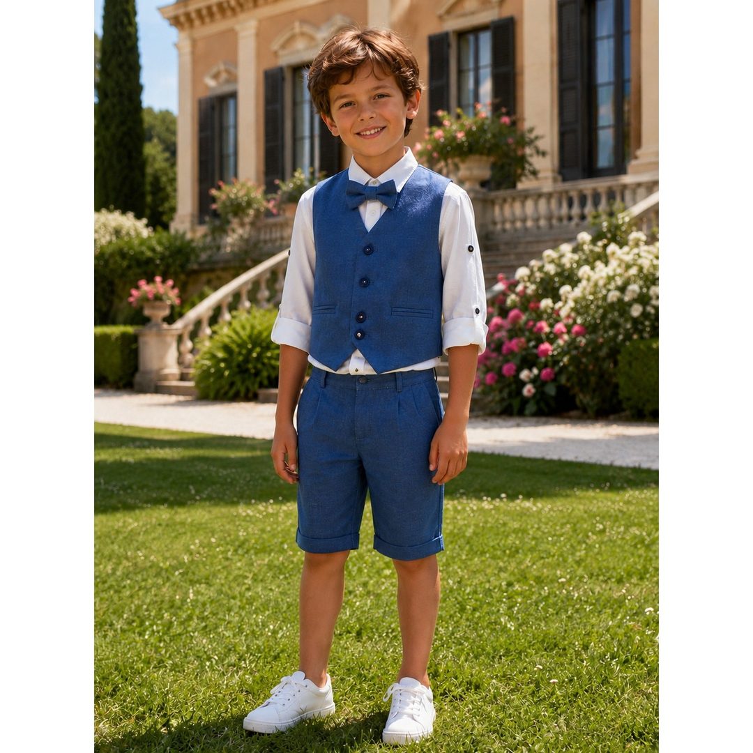 Bambino con gilet e pantaloncino blu, camicia bianca e papillon, in piedi sul prato davanti a una villa