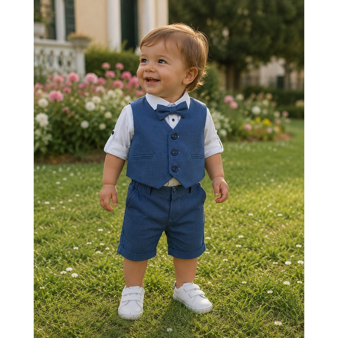 Bimbo con gilet e pantaloncino blu, camicia bianca e papillon, in piedi sul prato