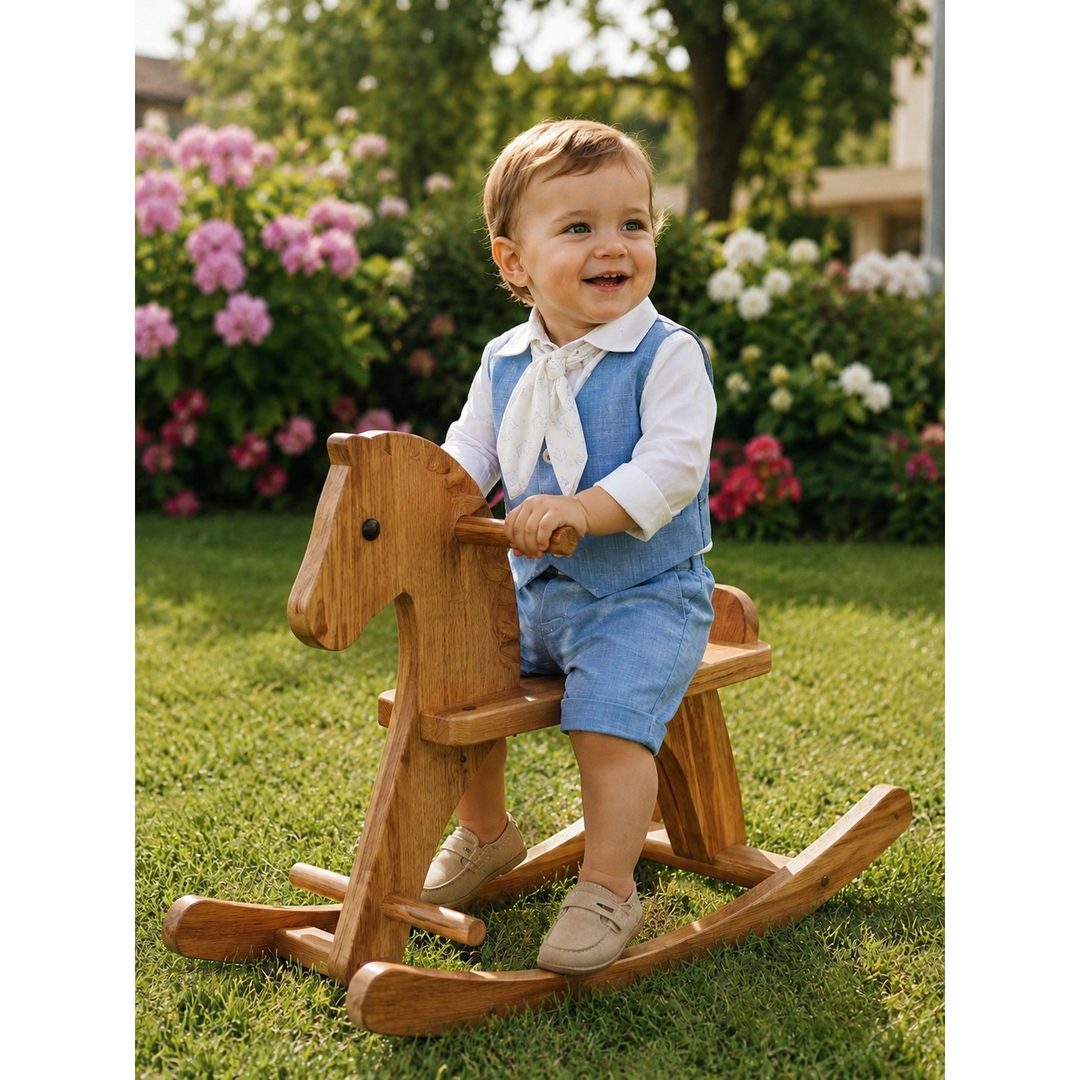 Bimbo con gilet e pantaloncino celeste e camicia bianca con il fiocco, seduto su un cavallo a dondolo di legno