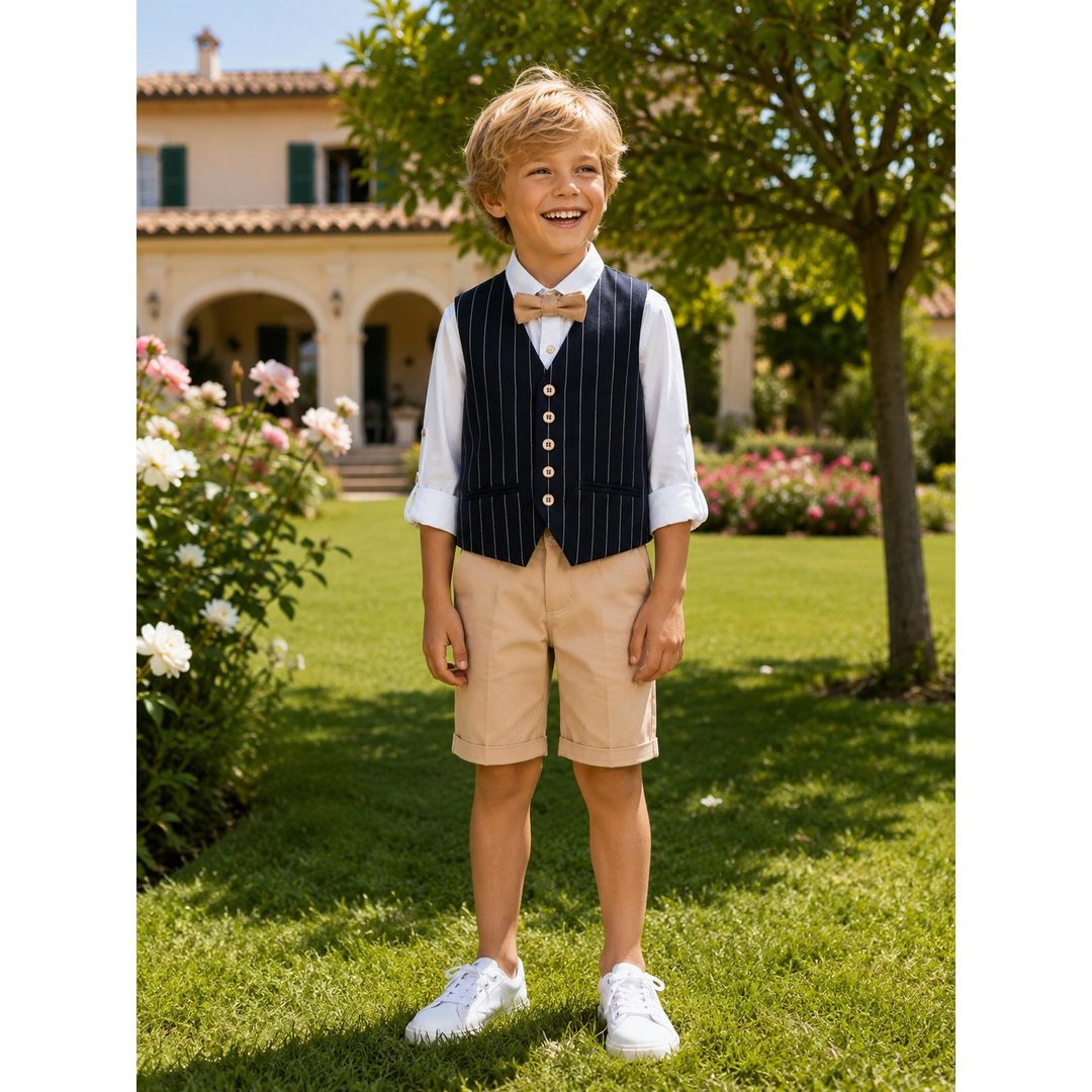 Bambino con gilet gessato blu, pantaloncino beige, camicia bianca e papillon, sul prato davanti a una villa