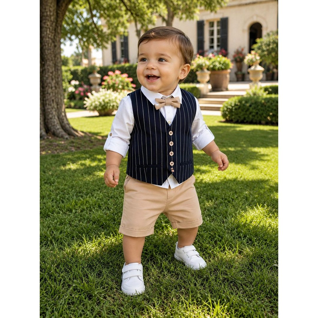 Bimbo con gilet gessato blu, pantaloncino beige, camicia bianca e papillon, in piedi sul prato