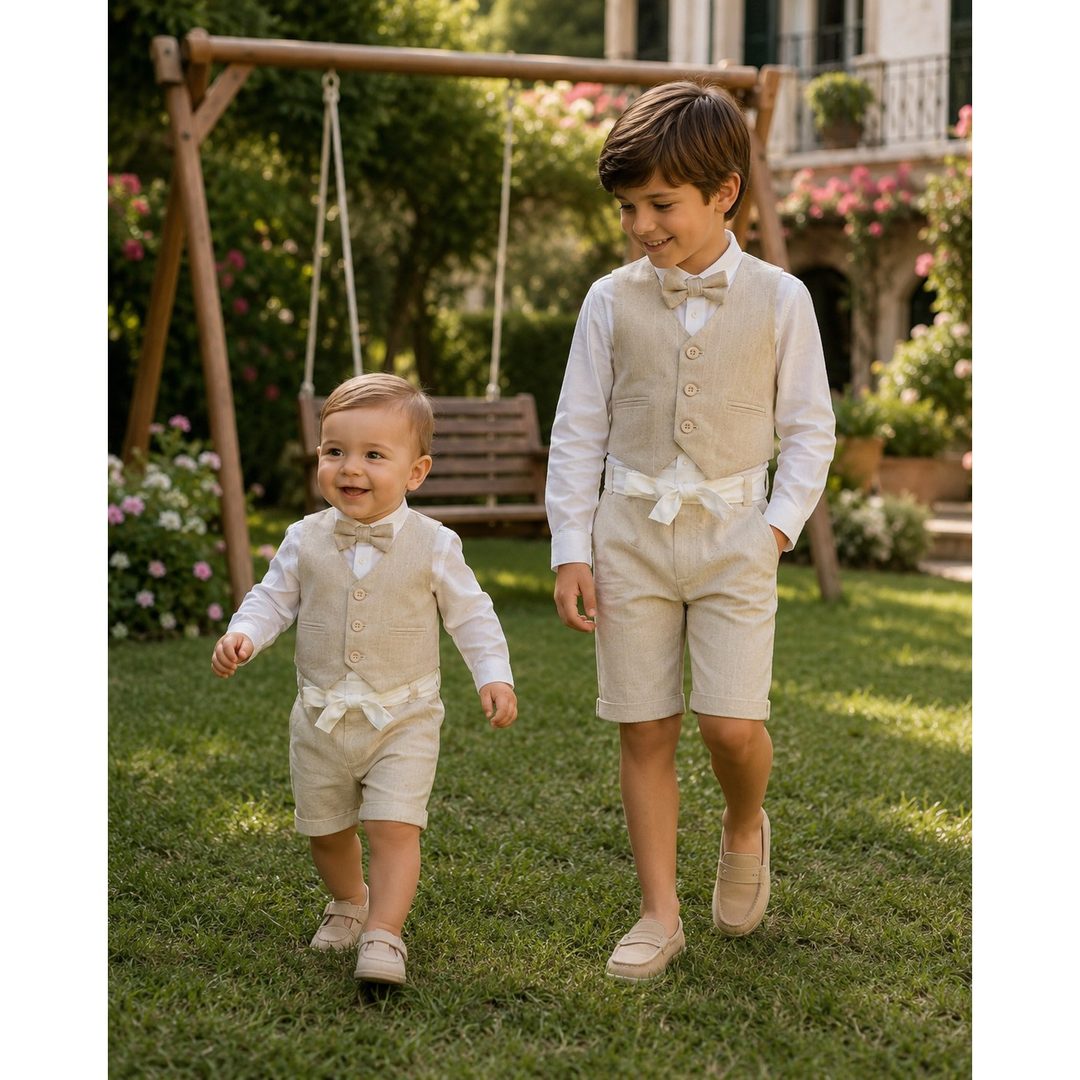 Due bambini con il completo in lino avorio, gilet, pantaloncino, camicia bianca e papillon, che camminano sul prato accanto a un'altalena