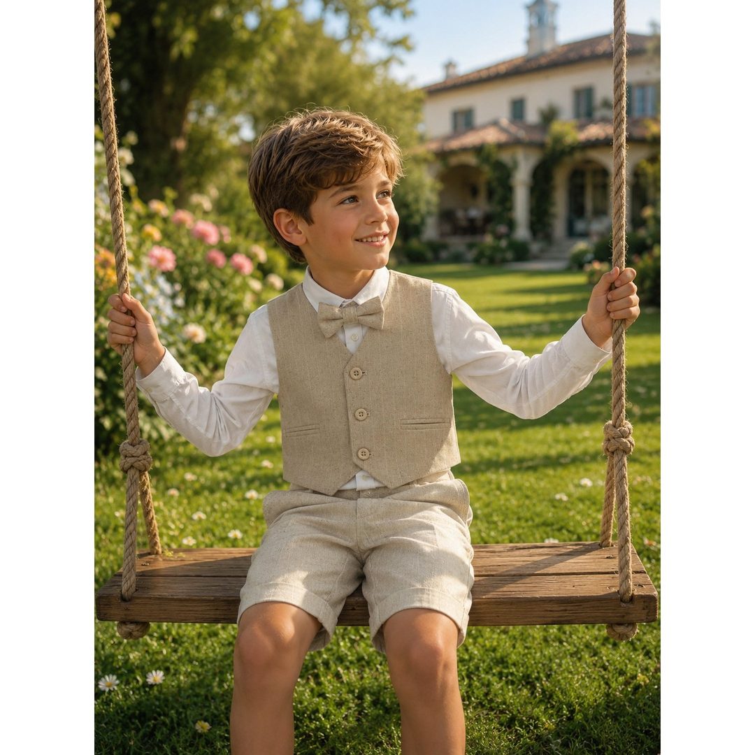 Bambino con gilet e pantaloncino in lino beige, camicia bianca e papillon, seduto su un'altalena di legno