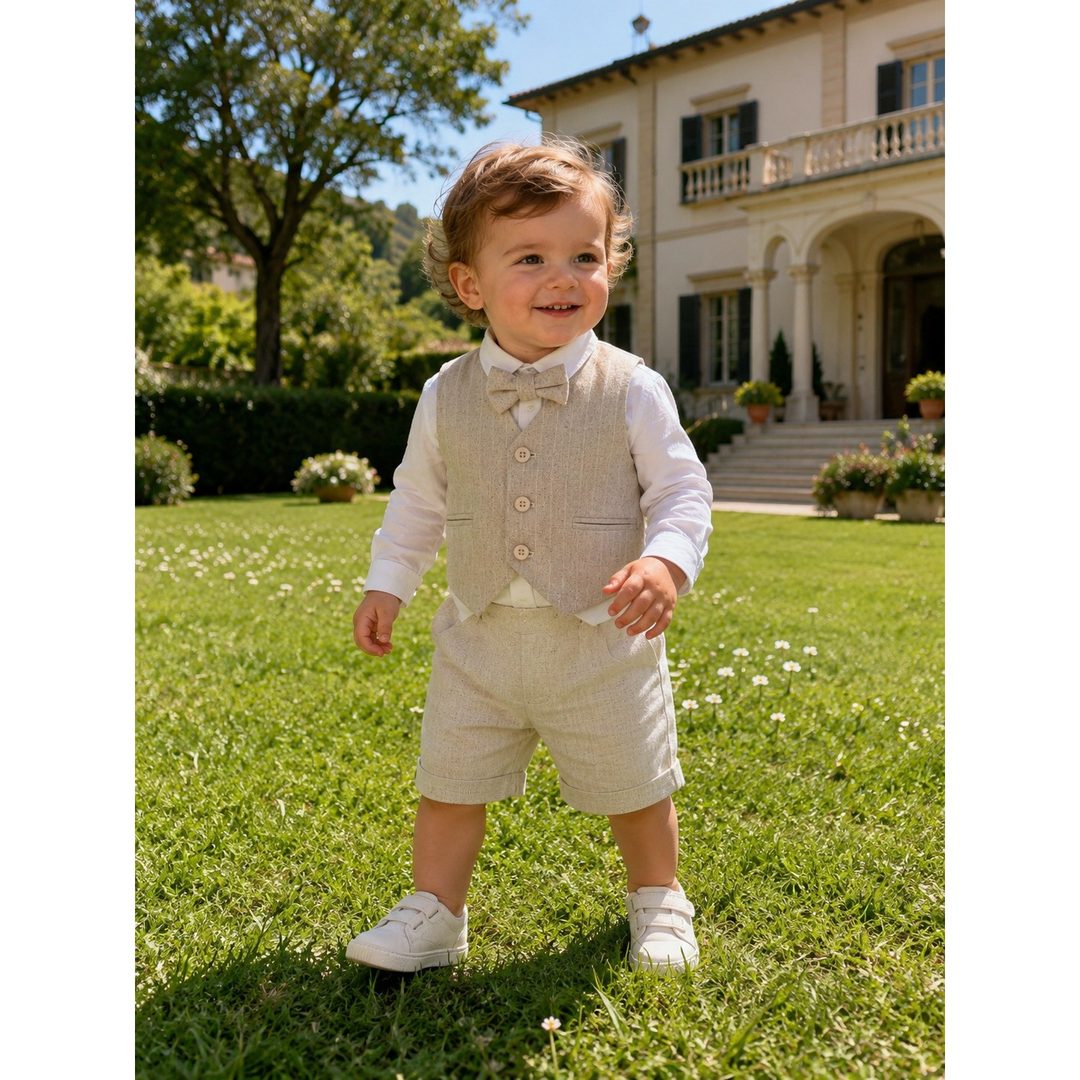 Bimbo con gilet e pantaloncino in lino beige, camicia bianca e papillon, sul prato davanti a una villa