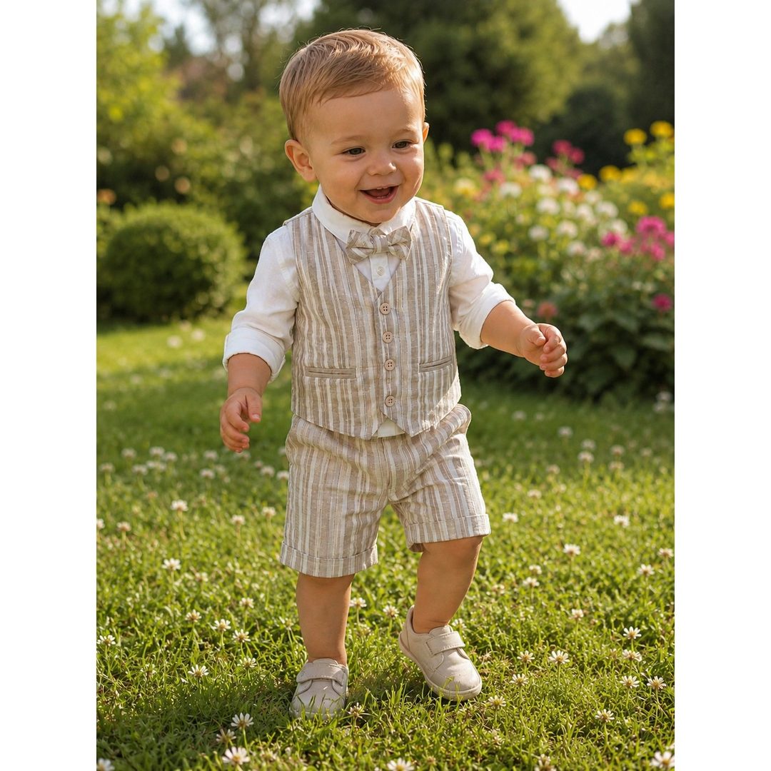 Bimbo con gilet e pantaloncino a righe beige, camicia bianca e papillon, che cammina sul prato