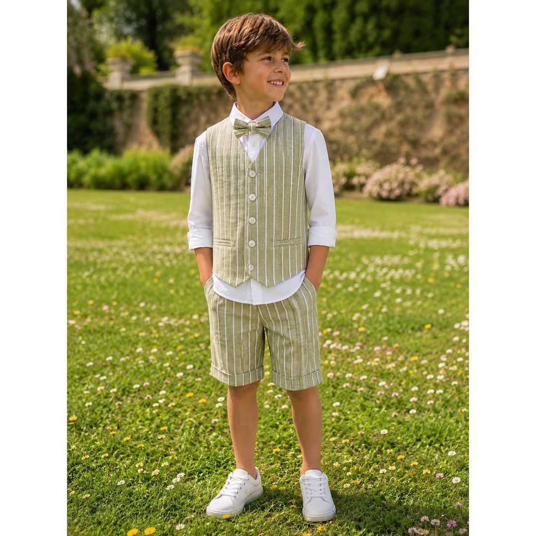 Bambino con gilet e pantaloncino a righe verde salvia, camicia bianca e papillon, in piedi sul prato