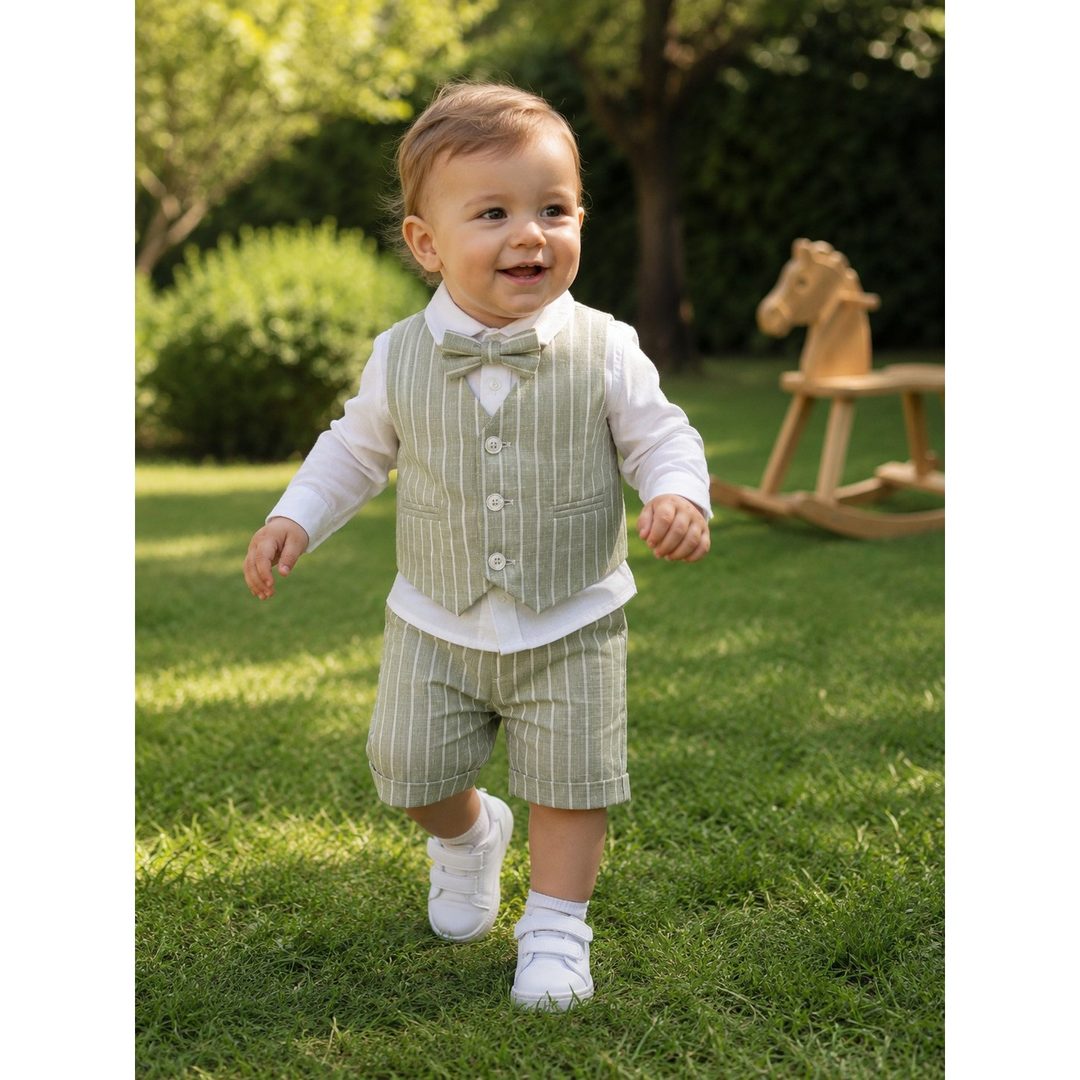 Bimbo con gilet e pantaloncino a righe verde salvia, camicia bianca e papillon, che cammina sul prato