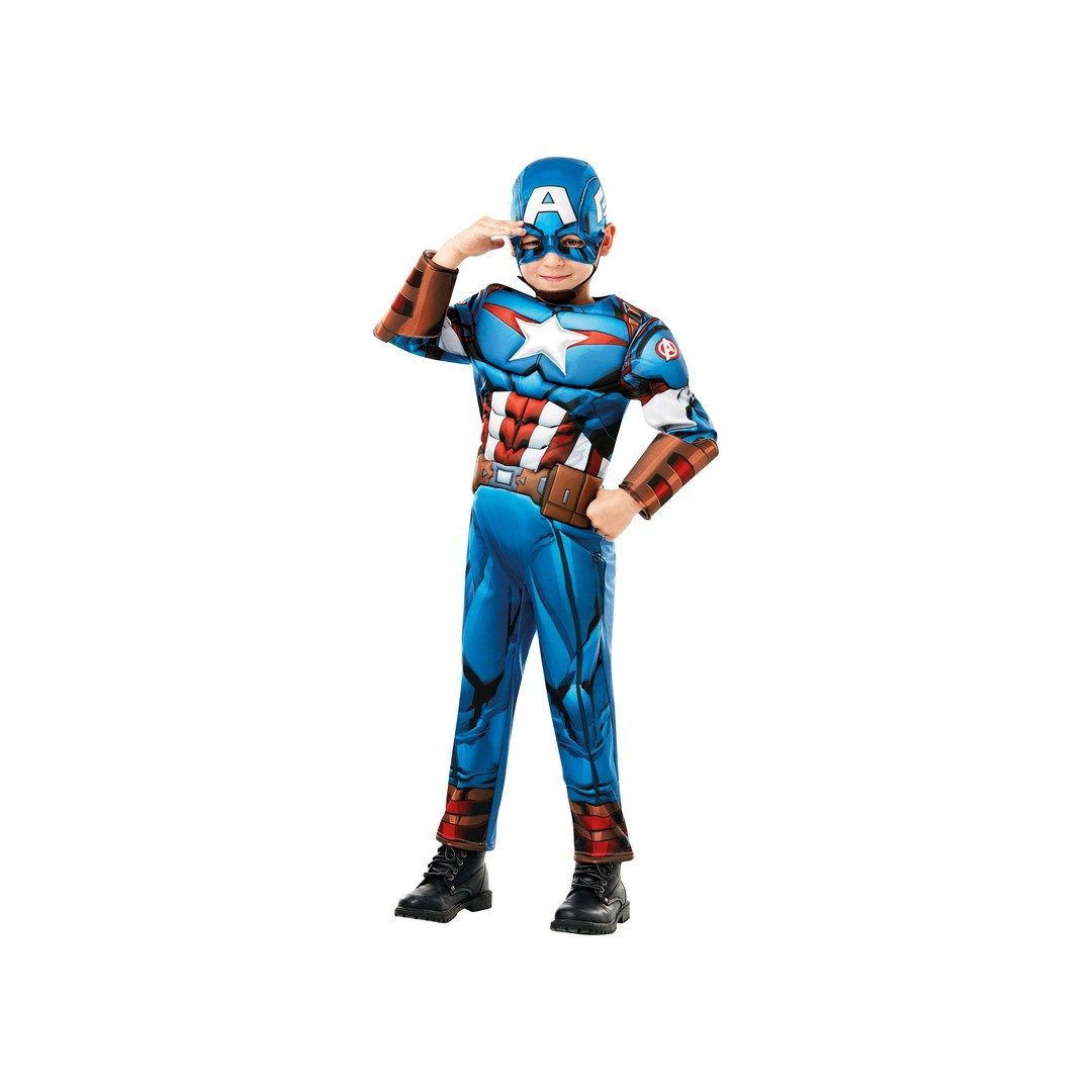 Bambino con il costume di Capitan America deluxe, tuta imbottita blu con la stella e cappuccio con la A