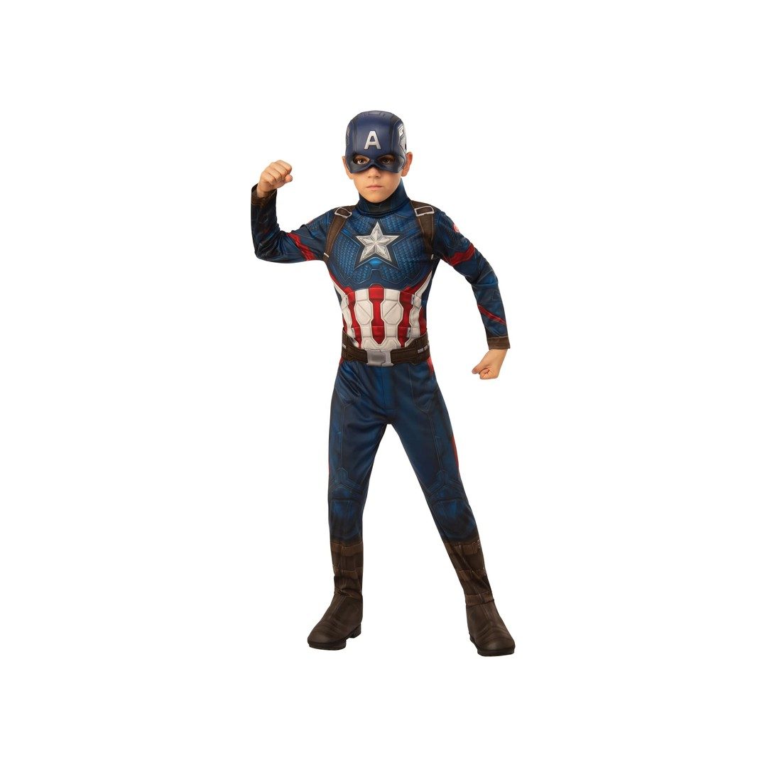 Bambino con il costume di Capitan America dal film Endgame, tuta blu con la stella e maschera