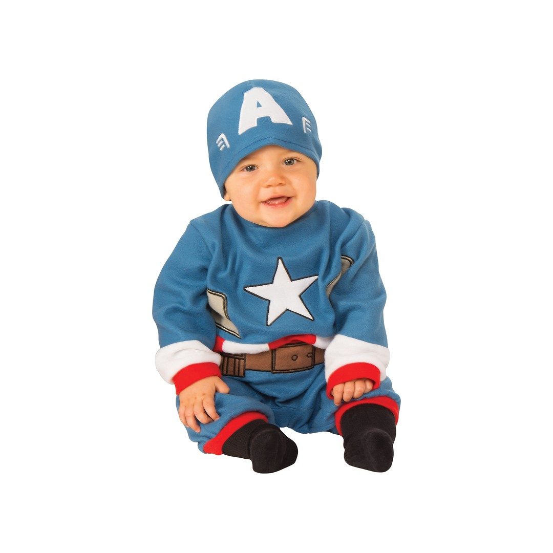 Neonato seduto con il costume di Capitan America, tutina blu con la stella e cappello con la A