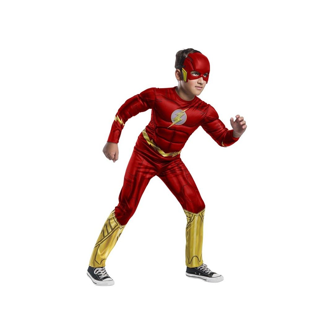 Bambino con il costume di Flash, tuta rossa imbottita con il fulmine sul petto e maschera