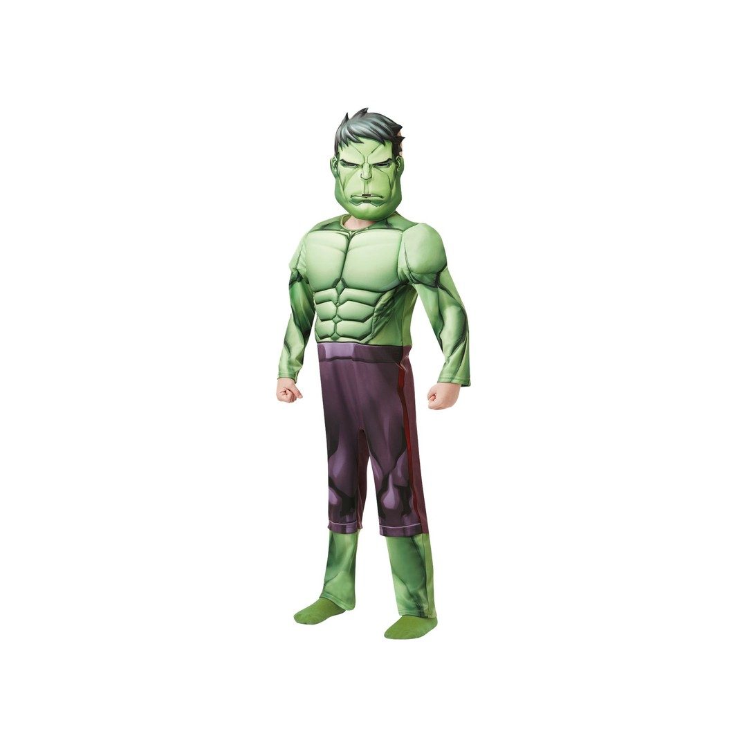 Bambino con il costume di Hulk deluxe, torso verde imbottito, pantaloni viola e maschera