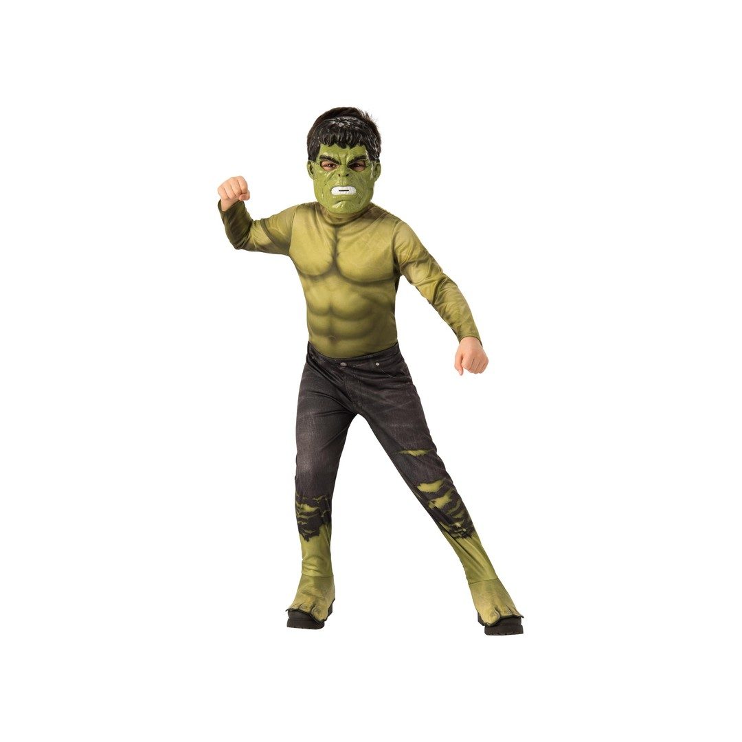 Bambino con il costume di Hulk dal film Endgame, maglia verde, pantaloni strappati e maschera