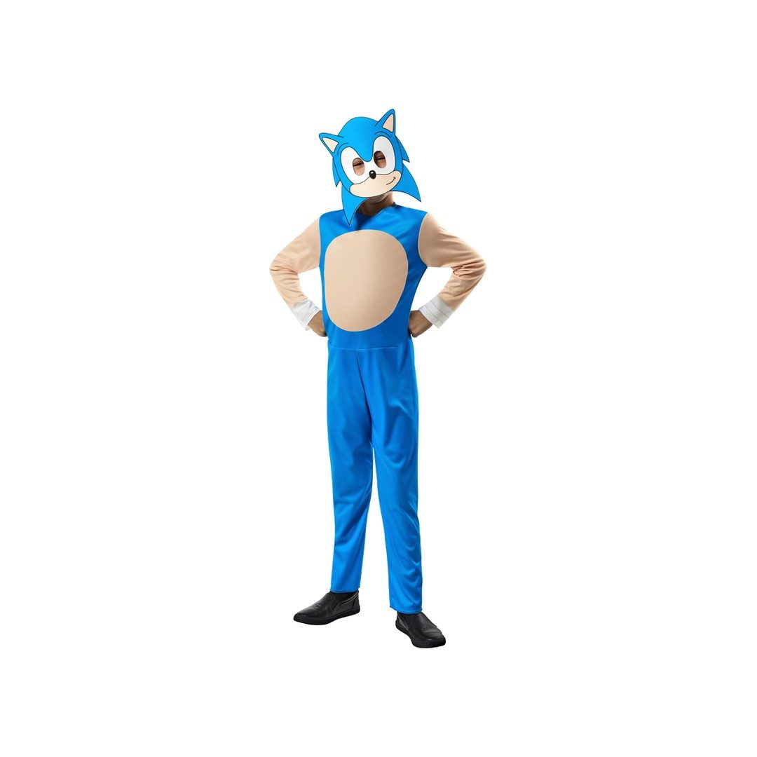 Bambino con il costume di Sonic, tuta blu con la pancia color crema e maschera