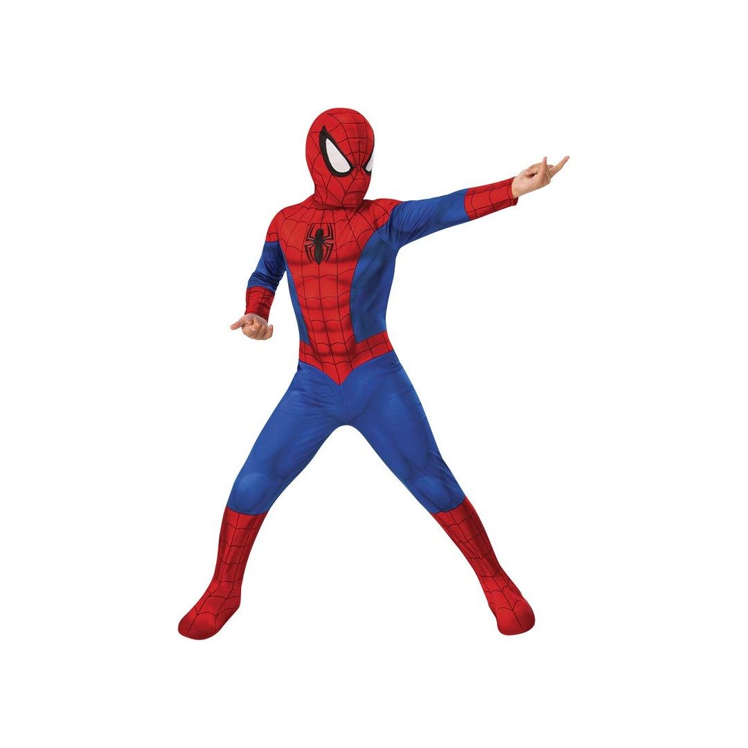 Bambino con il costume classico di Spider-Man, tuta rossa e blu con la ragnatela e maschera