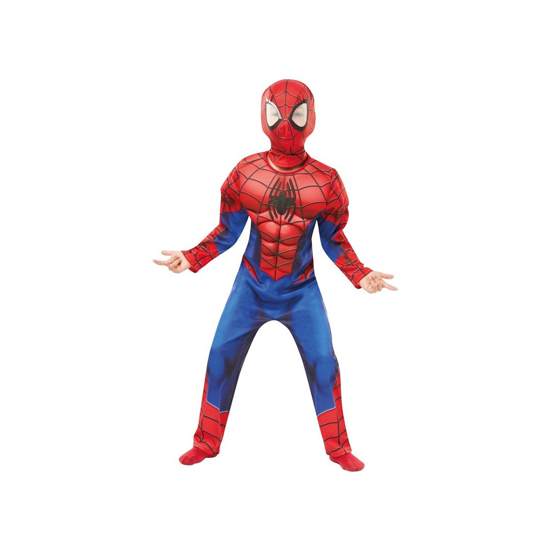 Bambino con il costume di Spider-Man deluxe, tuta imbottita rossa e blu con la ragnatela e maschera