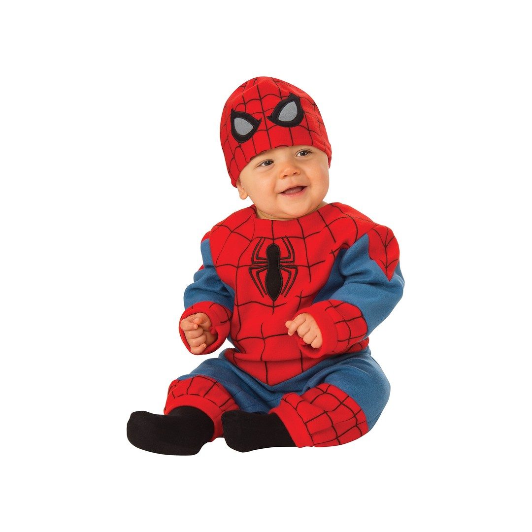 Neonato seduto con il costume di Spider-Man, tutina rossa e blu con la ragnatela e cappello