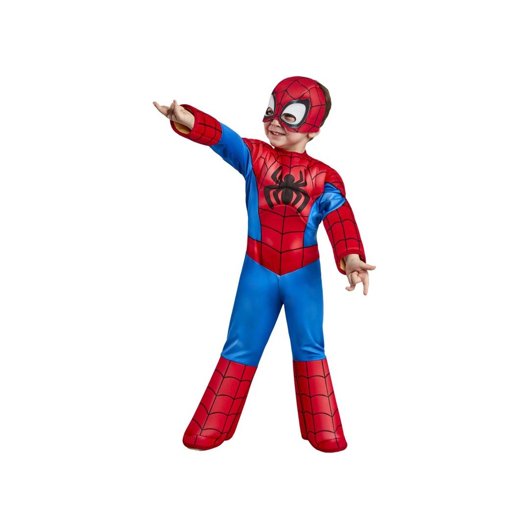 Bambino piccolo con il costume di Spidey, tuta imbottita rossa e blu con il ragno e maschera