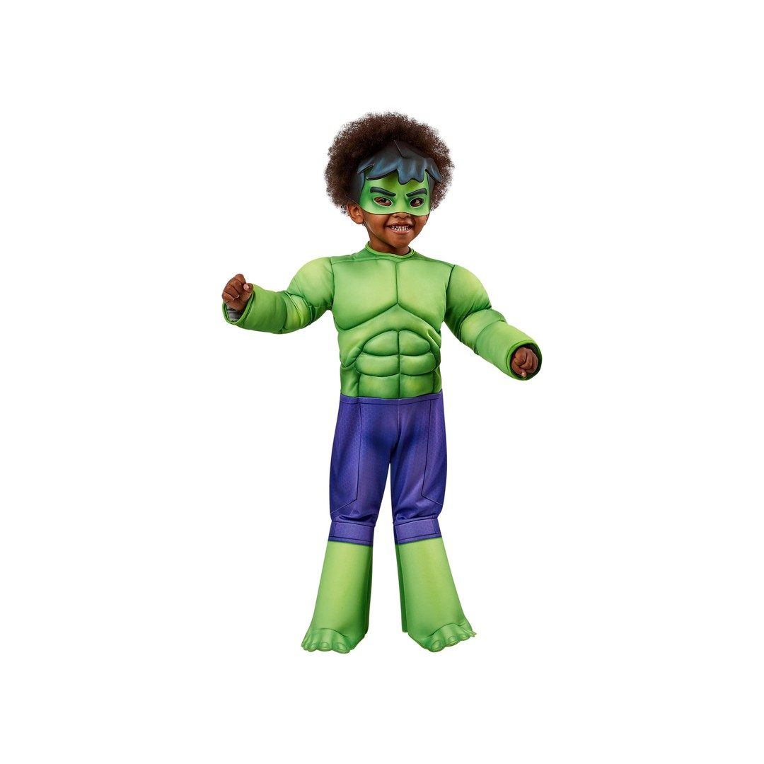 Bambino piccolo con il costume di Hulk, tuta imbottita verde e viola e maschera sugli occhi