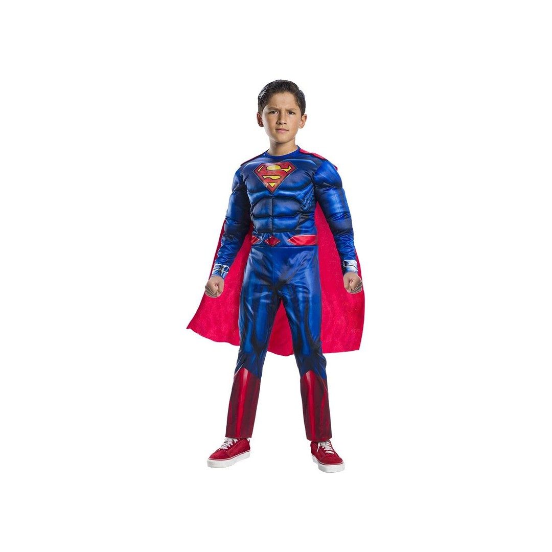 Bambino con il costume di Superman deluxe, tuta imbottita blu con lo stemma e mantello rosso