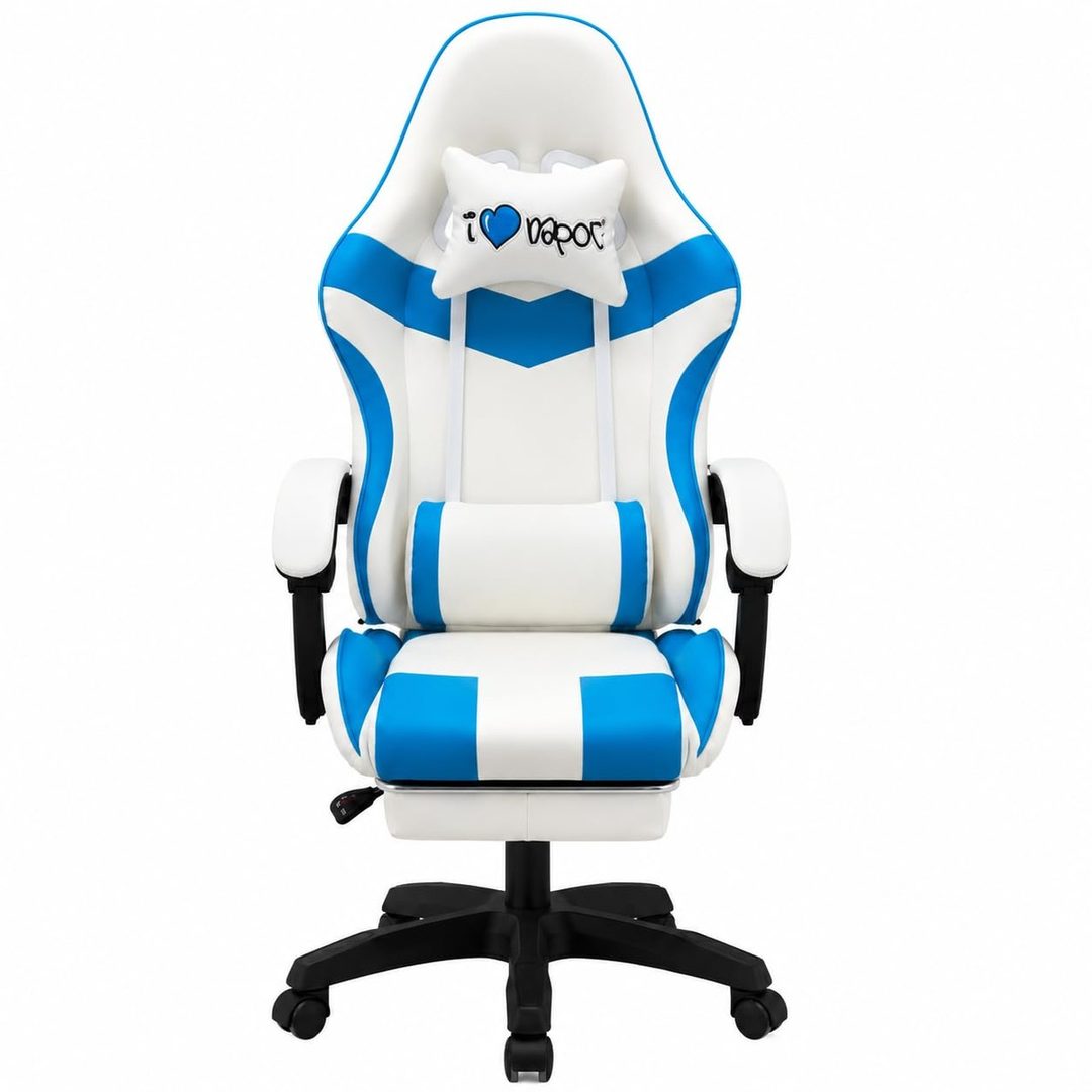 Sedia da gaming bianca e blu con poggiatesta e poggiapiedi