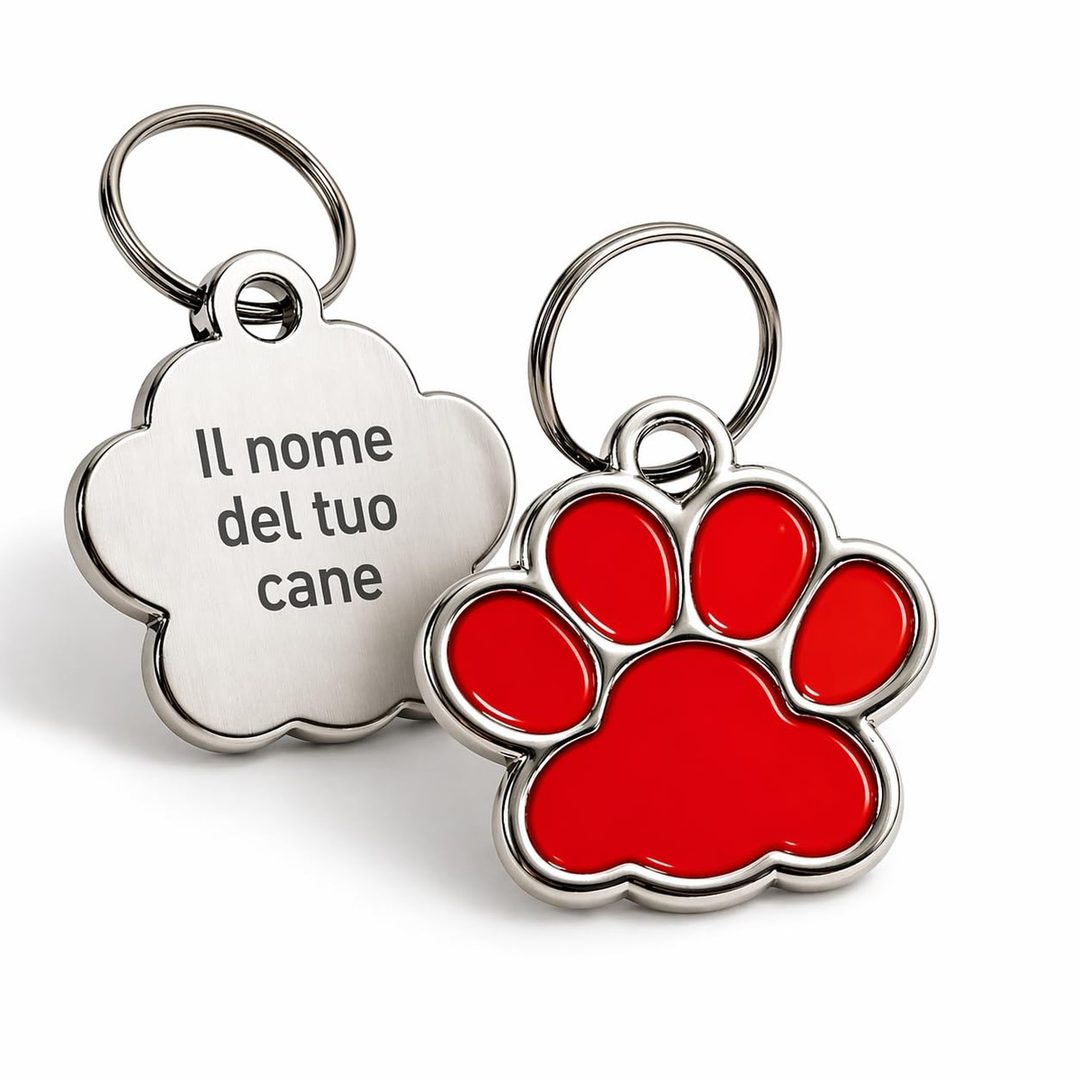 Due targhette in acciaio: una a zampa smaltata di rosso, una incisa con il nome del cane