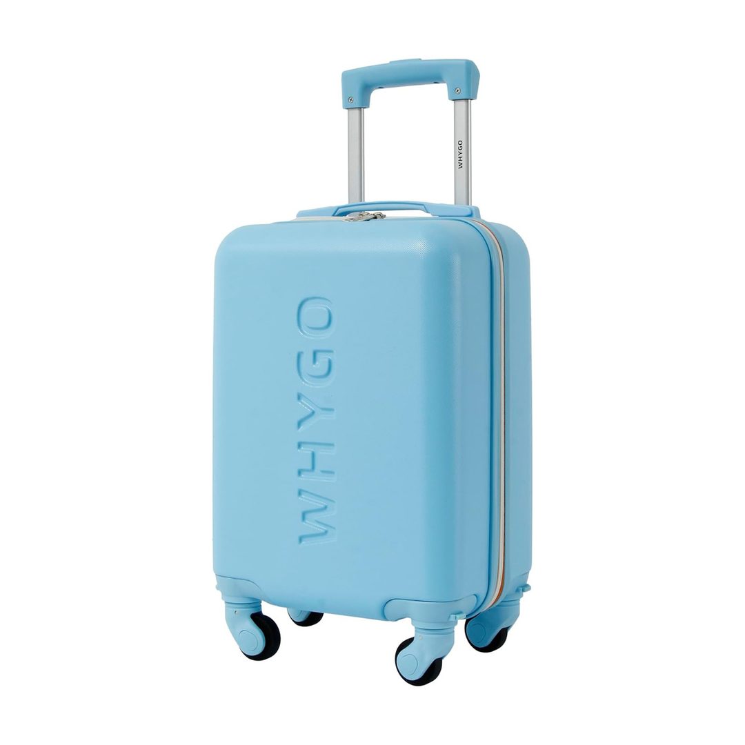 Trolley bagaglio a mano azzurro, rigido, con quattro ruote