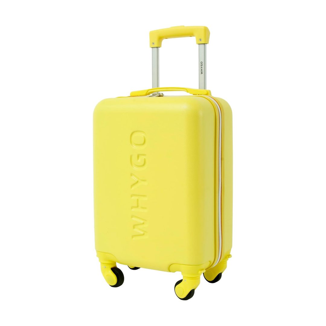 Trolley bagaglio a mano giallo, rigido, con quattro ruote